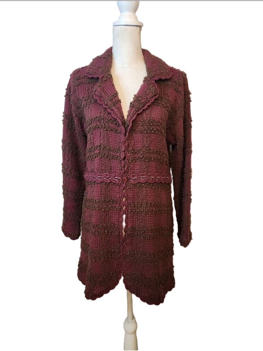 Vintage-Style Longline Knit Duster Cardigan - Plum & Brown Textured Empire Waist